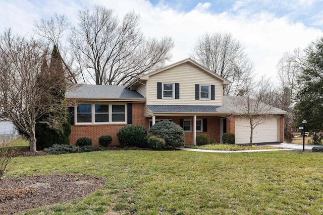 tri-level home featuring brick siding, a front yard, roof with shingles, driveway, and an attached garage