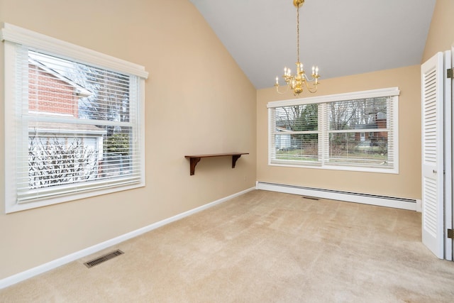 unfurnished dining area with visible vents, carpet floors, an inviting chandelier, a baseboard radiator, and lofted ceiling