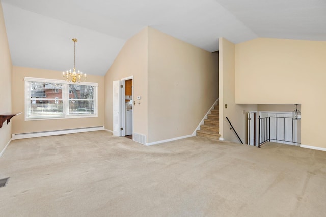 unfurnished living room featuring lofted ceiling, a baseboard heating unit, carpet, an inviting chandelier, and baseboards