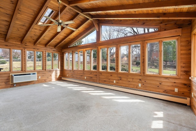 unfurnished sunroom featuring lofted ceiling with skylight, a wealth of natural light, a wall mounted air conditioner, and a baseboard radiator