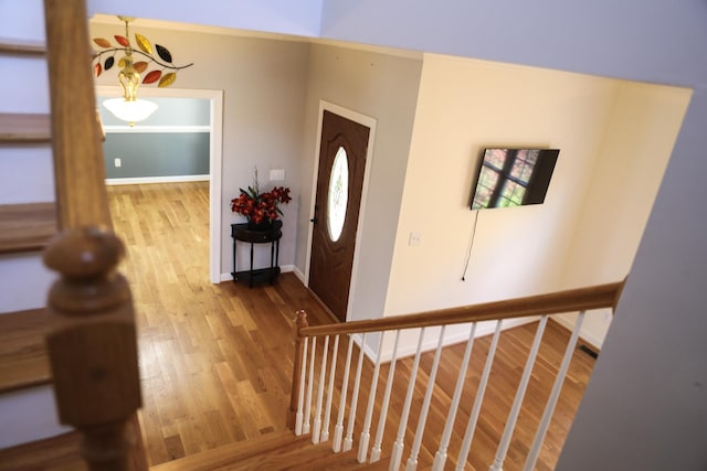 foyer entrance featuring baseboards and wood finished floors