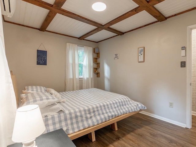 bedroom featuring coffered ceiling, beam ceiling, and wood-type flooring