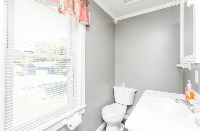 bathroom featuring crown molding, vanity, and toilet