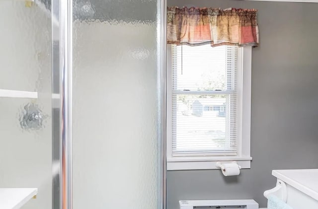 bathroom featuring plenty of natural light, toilet, and a shower with door