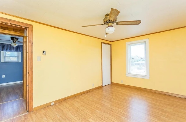 unfurnished room with ornamental molding, a wealth of natural light, and light hardwood / wood-style floors