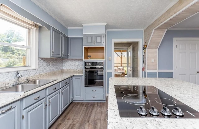 kitchen with gray cabinets, sink, dark hardwood / wood-style flooring, and black appliances