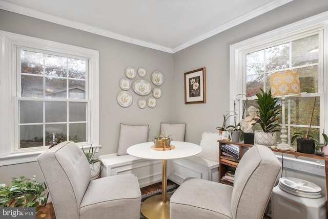 interior space with plenty of natural light, crown molding, and wood finished floors