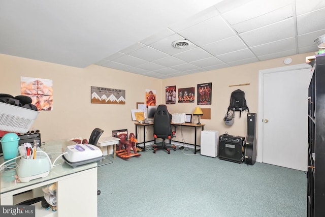 home office with a paneled ceiling, visible vents, and carpet floors