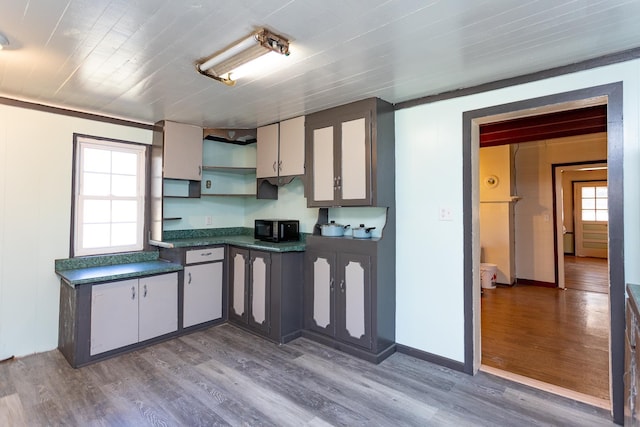 kitchen with hardwood / wood-style flooring and gray cabinetry