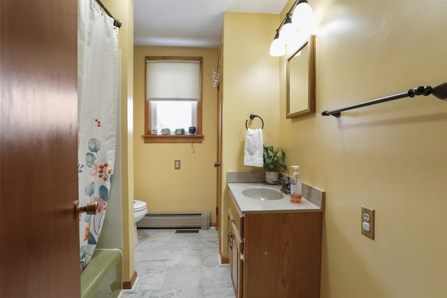 full bath with marble finish floor, toilet, vanity, and baseboard heating