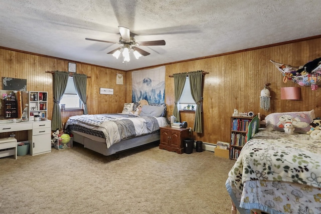 bedroom with light carpet, ornamental molding, and a textured ceiling