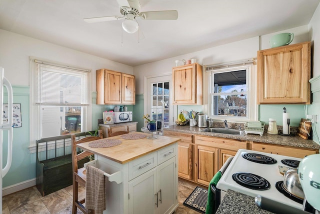 kitchen featuring a healthy amount of sunlight, white appliances, a ceiling fan, and a sink