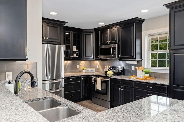 kitchen featuring dark cabinetry, a sink, appliances with stainless steel finishes, and backsplash