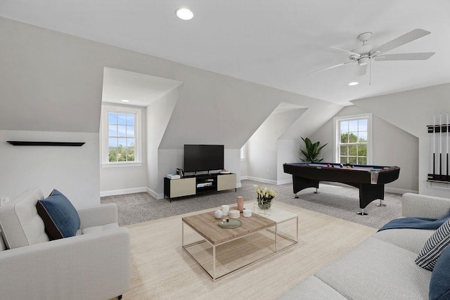 carpeted living area with baseboards, billiards, a ceiling fan, and vaulted ceiling