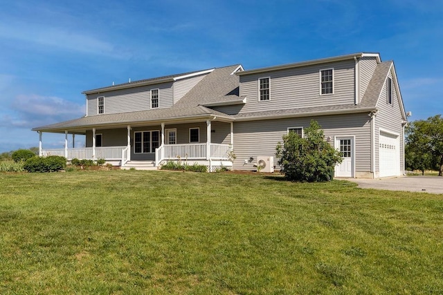 view of front of property featuring a front lawn, aphalt driveway, covered porch, roof with shingles, and an attached garage