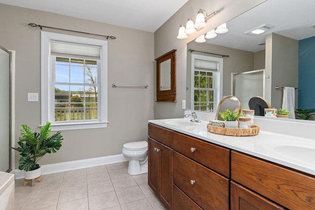 bathroom with visible vents, double vanity, tile patterned floors, a sink, and a stall shower