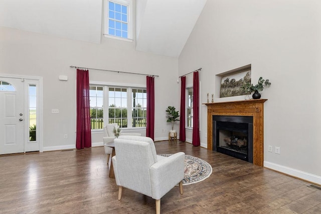 living room with high vaulted ceiling, a fireplace, and wood finished floors