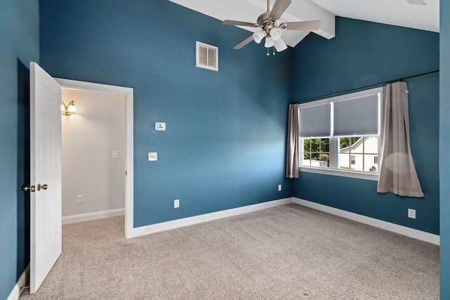 unfurnished room featuring carpet flooring, high vaulted ceiling, a ceiling fan, beamed ceiling, and visible vents
