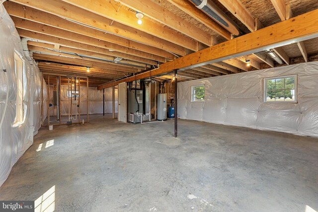 basement with water heater and heating unit