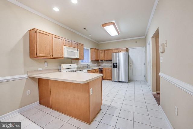 kitchen featuring crown molding, light tile patterned flooring, white appliances, and kitchen peninsula