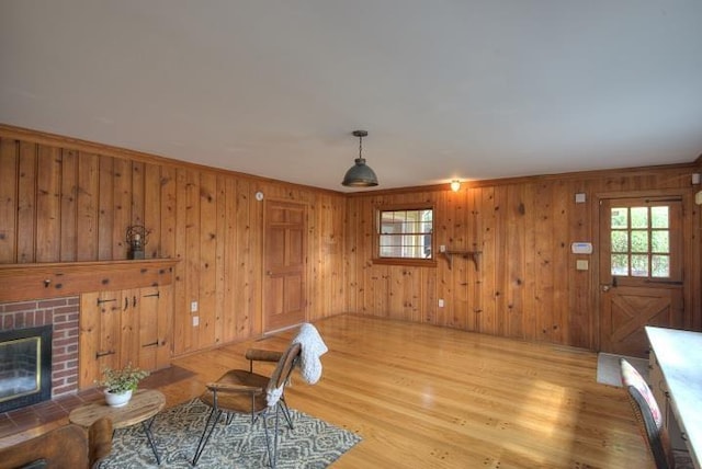 living room with a fireplace and wood finished floors