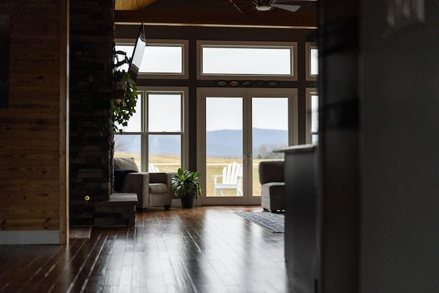 doorway to outside with a mountain view and hardwood / wood-style floors