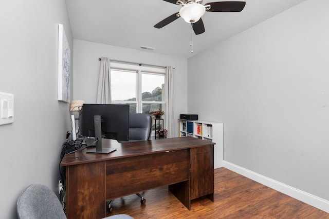 office area featuring ceiling fan and wood-type flooring