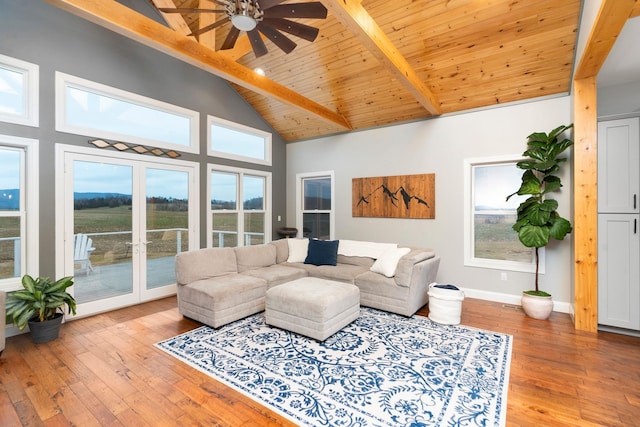 living room featuring hardwood / wood-style floors, high vaulted ceiling, ceiling fan, wood ceiling, and beam ceiling