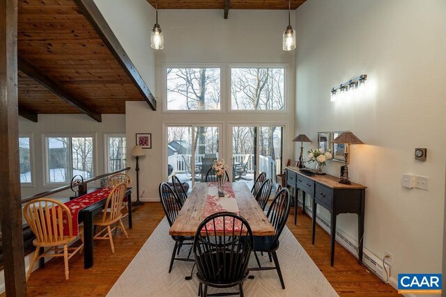 dining area with a high ceiling, wooden ceiling, wood finished floors, and beam ceiling