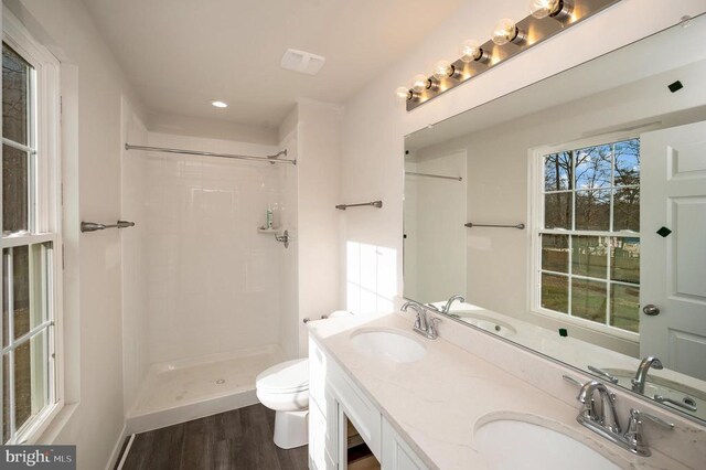 bathroom with vanity, hardwood / wood-style flooring, toilet, and walk in shower