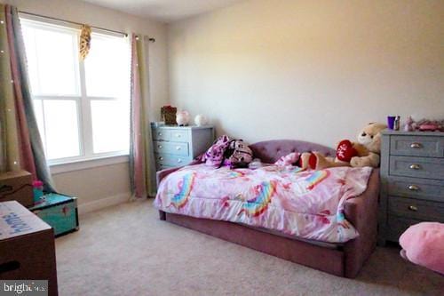 bedroom featuring light carpet, multiple windows, and baseboards