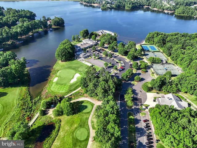 bird's eye view with golf course view and a water view