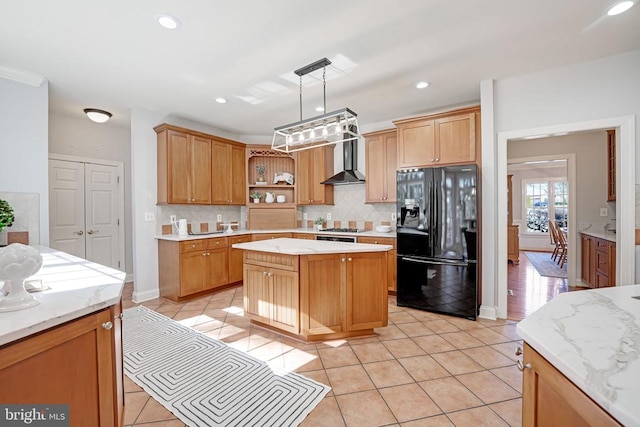 kitchen featuring open shelves, tasteful backsplash, black fridge with ice dispenser, and light tile patterned floors