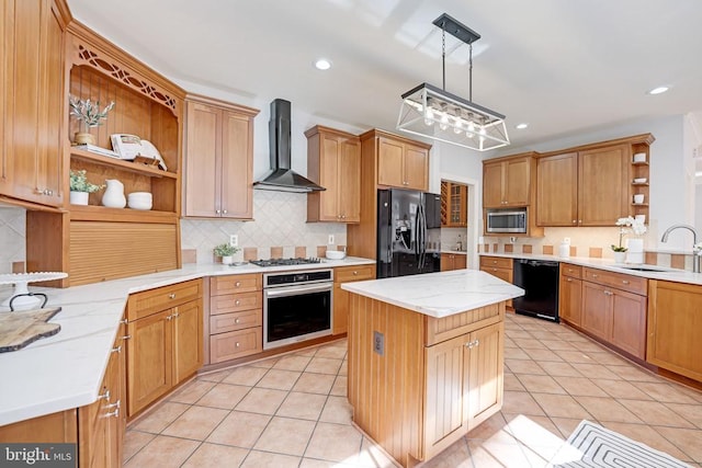 kitchen with black appliances, open shelves, a sink, wall chimney exhaust hood, and light tile patterned floors