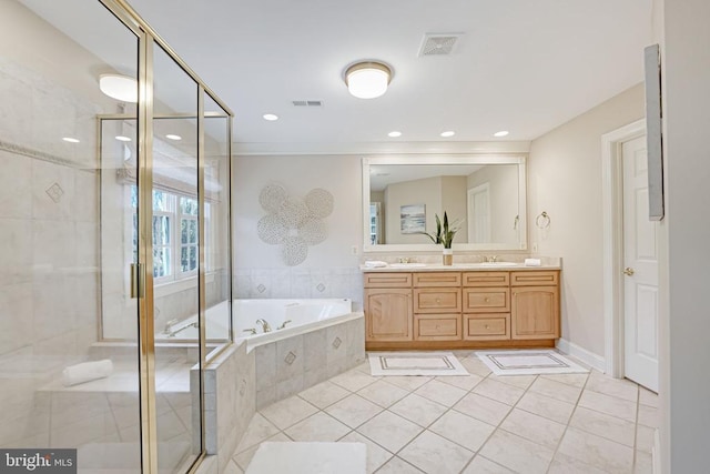 full bath featuring a sink, visible vents, a bath, and a shower stall