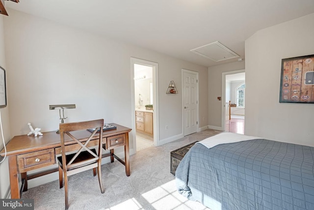 bedroom featuring attic access, light colored carpet, and baseboards