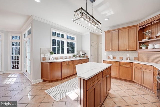 kitchen with open shelves, light tile patterned flooring, recessed lighting, ornamental molding, and tasteful backsplash