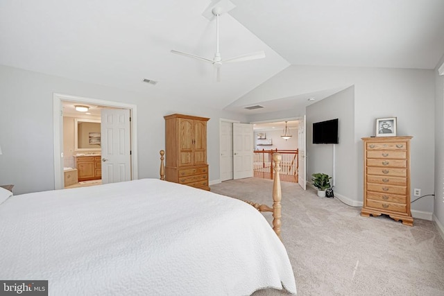 bedroom with visible vents, a ceiling fan, baseboards, light colored carpet, and vaulted ceiling