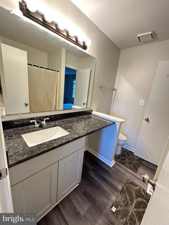 bathroom featuring vanity, hardwood / wood-style floors, and toilet