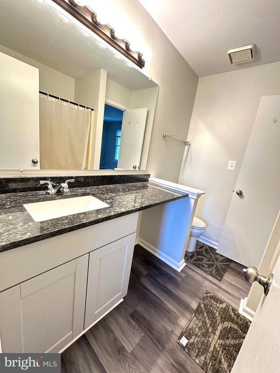 bathroom with hardwood / wood-style flooring, vanity, and toilet