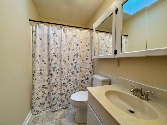 bathroom featuring vanity, toilet, and a shower with shower curtain