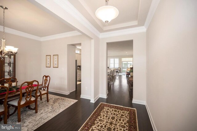 dining room with a tray ceiling, ornamental molding, dark hardwood / wood-style floors, and a chandelier