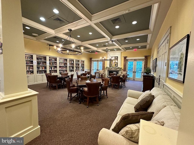 carpeted dining area featuring coffered ceiling, a notable chandelier, french doors, and beamed ceiling