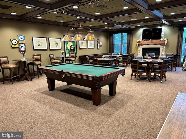 rec room featuring coffered ceiling, beamed ceiling, and carpet