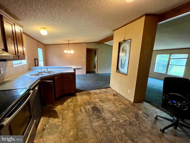 kitchen with a peninsula, stainless steel electric range, plenty of natural light, and a sink