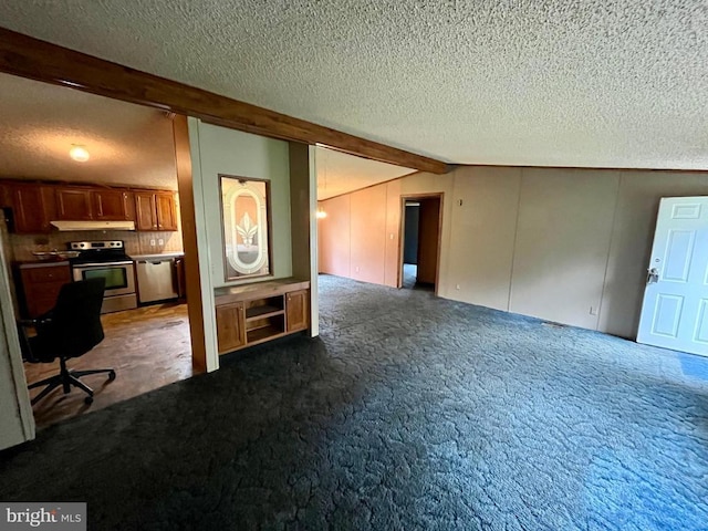 unfurnished living room featuring dark colored carpet, lofted ceiling with beams, and a textured ceiling