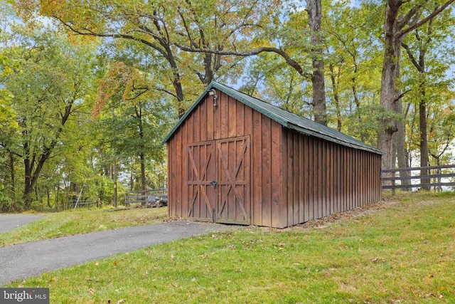 view of shed featuring fence