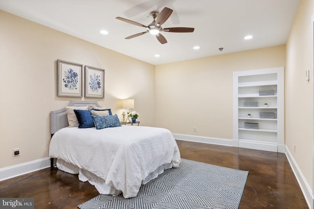 bedroom featuring baseboards, a ceiling fan, and recessed lighting