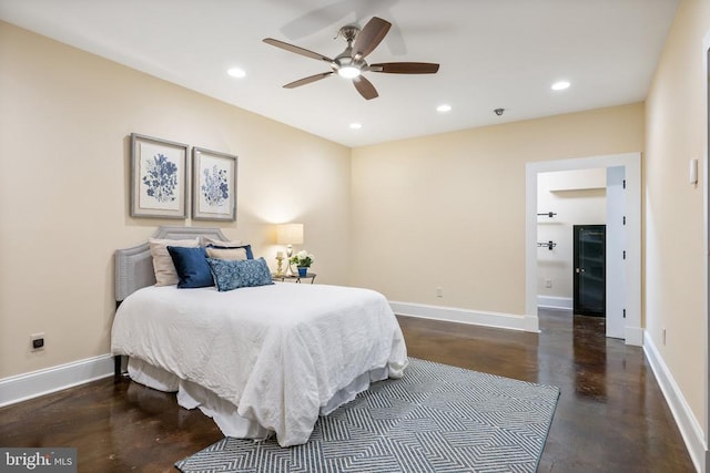 bedroom with recessed lighting, ceiling fan, and baseboards