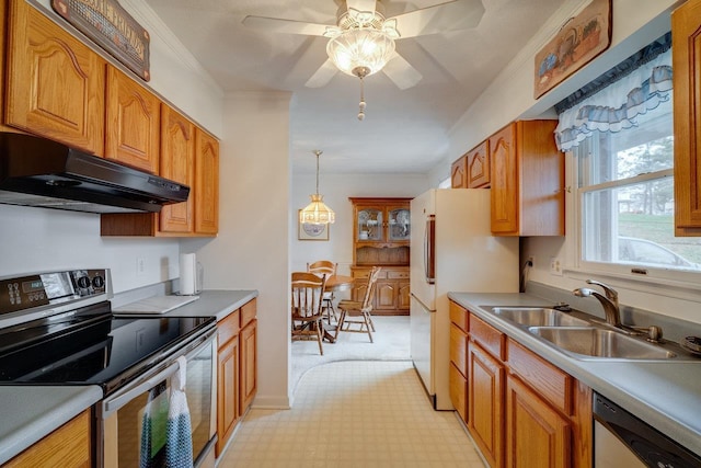 kitchen with pendant lighting, sink, crown molding, ceiling fan, and stainless steel appliances